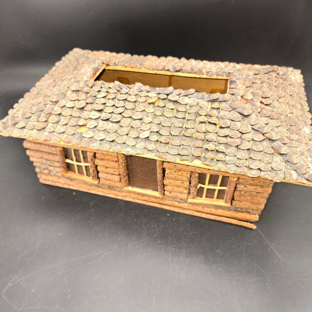 Pinecone Tissue Box Cover Handcrafted Wooden Log Cabin Rustic Vintage CM2246